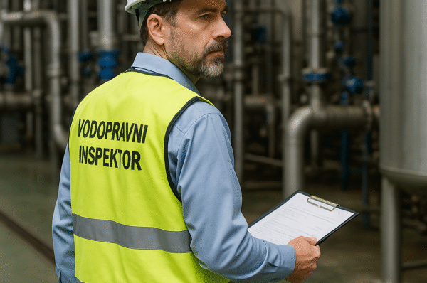 Vodopravna inspekcija u zaštitnom prsluku tijekom inspekcije industrijskog pogona