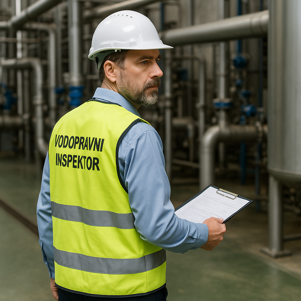 Vodopravna inspekcija u zaštitnom prsluku tijekom inspekcije industrijskog pogona