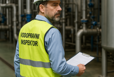 Vodopravna inspekcija u zaštitnom prsluku tijekom inspekcije industrijskog pogona